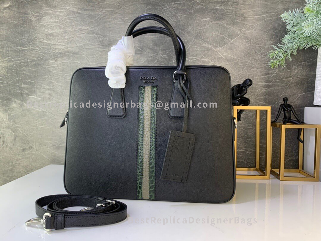 Prada Green Saffiano Cuir Leather Bandoleer Briefcase With Crocodile Effect SHW 368